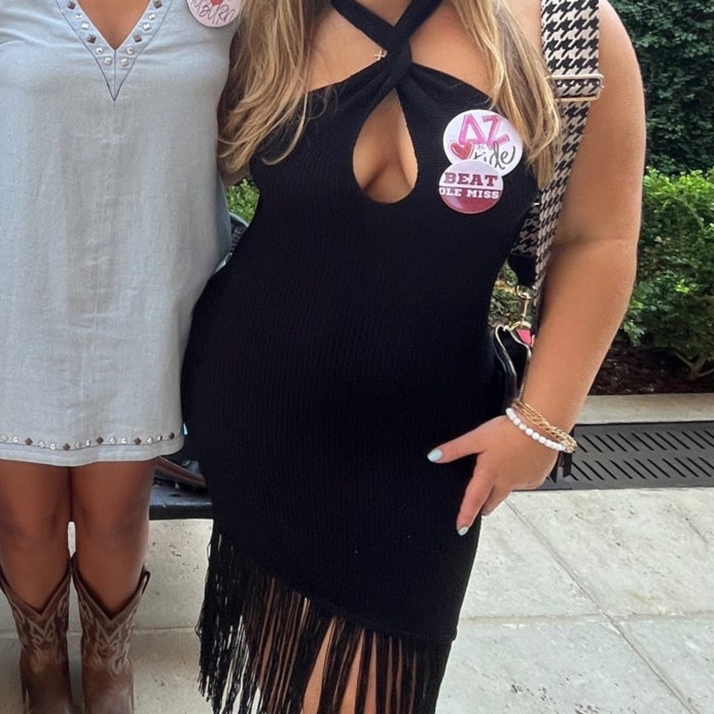 Lush Black Knit Twist Neck Dress with Fringe